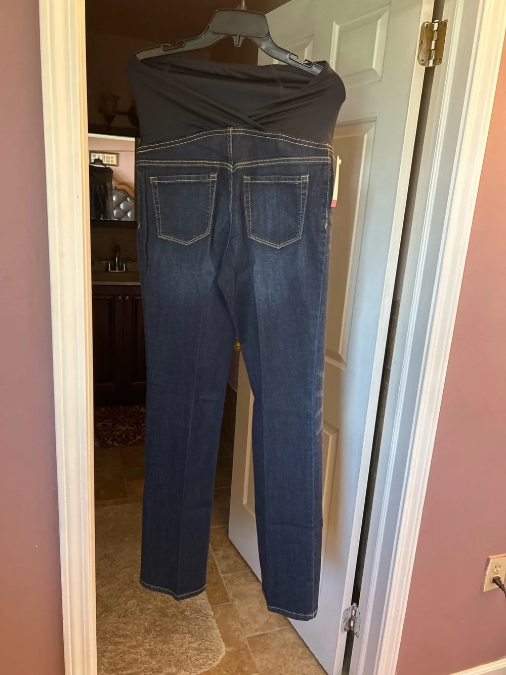 Dark Blue Maternity Jeans with Black Stretch Waistband